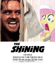 Size: 600x676 | Tagged: safe, derpibooru import, edit, fluttershy, human, pony, axe, female, here's johnny, horror, impending doom, jack torrance, male, mare, movie, movie poster, obligatory pony, scared, screaming, slasher smile, stanley kubrick, the shining, weapon