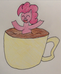 Size: 833x1011 | Tagged: safe, artist:bludgeonwarrior, pinkie pie, earth pony, pony, coffee, coffee mug, cup of pony, micro, pencil drawing, solo, trade, traditional art