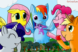 Size: 1024x683 | Tagged: safe, artist:kickassking, angel bunny, applejack, fluttershy, pinkie pie, rainbow dash, rarity, twilight sparkle, twilight sparkle (alicorn), alicorn, earth pony, pegasus, pony, unicorn, apple, giant pony, giggling, macro, mane six, whitetail woods