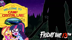 Size: 1280x720 | Tagged: safe, artist:balabinobim, sci-twi, sunset shimmer, twilight sparkle, equestria girls, camp crystal lake, camp everfree outfits, friday the 13th, horror, jason voorhees, movie reference, reference