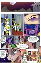 Size: 1800x2740 | Tagged: safe, artist:candyclumsy, big macintosh, flash sentry, shining armor, trouble shoes, oc, oc:king speedy hooves, oc:queen galaxia, oc:tommy the human, alicorn, human, pony, comic:fusing the fusions, comic:of gaurdians and nightmares, alicorn oc, angry, bad dream, bedroom, canterlot, canterlot castle, comic, commissioner:bigonionbean, concerned, dark magic, dialogue, father and child, father and son, female, full moon, fusion, fusion:king speedy hooves, fusion:queen galaxia, horror, human oc, implied king sombra, jewelry, magic, male, moon, mother and child, mother and son, night, papa bear, parent and child, pillow, regalia, royal guard, scared, sweat, sweating profusely, writer:bigonionbean