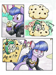 Size: 1458x1948 | Tagged: safe, artist:pandan009, apple bloom, scootaloo, sweetie belle, oc, oc:cosmia nebula, oc:screwpine, aeh!?!, bangs, comic, cutie mark crusaders, dialogue, fetish, hilarious in hindsight, micro, muffin, vore