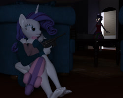 Size: 2400x1920 | Tagged: safe, artist:jawolfadultishart, derpibooru import, rarity, sweetie belle, anthro, plantigrade anthro, 3d, barefoot, bathrobe, blouse, clothes, dark, daz studio, dress, feet, glowing eyes, gun, hiding, horror, let us never speak of this again, mauser c96, not sfm, old shame, panties, protecting, this will end in pain and/or death, underwear, weapon