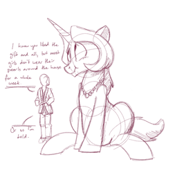 Size: 700x700 | Tagged: safe, artist:goat train, oc, oc only, oc:anon, oc:gloomy, human, pony, dialogue, giant pony, looking away, macro, monochrome, necklace, scrunchy face, sketch