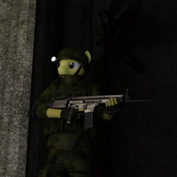 Size: 2040x2040 | Tagged: safe, artist:jawolfadultishart, oc, oc only, alien, anthro, earth pony, 3d, alien (franchise), assault rifle, castle, clothes, daz studio, gun, helmet, horror, impending disaster, impending doom, impending mutilation, it's behind you, male, nightmare fuel, not sfm, rifle, scar-l, soldier, solo, this already ended in death, this will end in death, weapon, when you see it, xenomorph