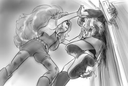 Size: 1277x865 | Tagged: safe, artist:alloyrabbit, adagio dazzle, sunset shimmer, equestria girls, rainbow rocks, car, city, clothes, destruction, female, fight, frilly underwear, giantess, grayscale, macro, monochrome, panties, pinned, underwear