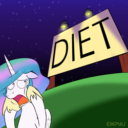 Size: 1000x1000 | Tagged: safe, artist:empyu, princess celestia, alicorn, pony, 30 minute art challenge, billboard, diet, horror, scaredlestia, simpsons did it, solo, the simpsons