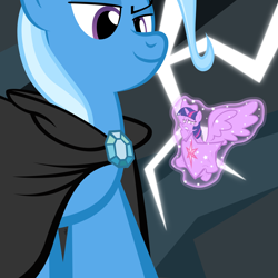 Size: 2750x2750 | Tagged: safe, artist:navitaserussirus, trixie, twilight sparkle, twilight sparkle (alicorn), alicorn, pony, magic duel, alicorn amulet, cloak, clothes, female, frown, gritted teeth, inanimate tf, macro, magic, mare, micro, objectification, smirk, telekinesis, transformation, wide eyes