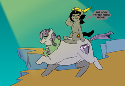 Size: 1640x1128 | Tagged: safe, artist:monterrang, maud pie, oc, oc:affetta, pony, brunhilde, fat, looney tunes, majestic as fuck, maud pudge, ponies riding ponies, riding, running, sunlight, thought bubble, tumblr:ask fat maud pie, valkyrie, what's opera doc, wreath, wrong cutie mark