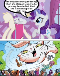 Size: 1101x1392 | Tagged: safe, edit, edited screencap, idw, screencap, opalescence, rarity, cat, earth pony, pegasus, pony, unicorn, spoiler:comic, spoiler:comic23, background pony, comic, female, implied sweetie belle, macro, male, mare, stallion, unnamed pony