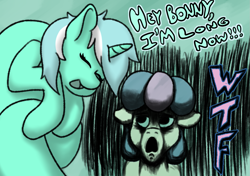 Size: 1483x1042 | Tagged: safe, artist:llametsul, bon bon, lyra heartstrings, sweetie drops, earth pony, unicorn, atg 2020, dialogue, eyes closed, female, horn, horrified, horror, lesbian, long pony, looking up, lyrabon, mare, newbie artist training grounds, open mouth, shipping, smiling, terrified, wtf