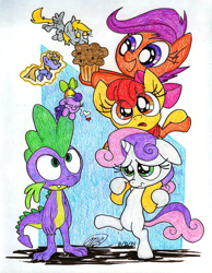 Size: 1024x1322 | Tagged: safe, artist:loreto-arts, apple bloom, derpy hooves, dinky hooves, scootaloo, screwball, spike, sweetie belle, dragon, pony, bipedal, cute, cutie mark crusaders, eyes closed, floppy ears, frown, hat, heart, levitation, magic, micro, muffin, nom, open mouth, ponies riding ponies, propeller hat, self-levitation, small, smiling, telekinesis, tiny ponies, wavy mouth, wide eyes