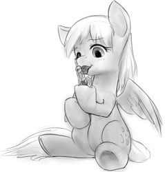 Size: 932x973 | Tagged: safe, artist:alloyrabbit, derpy hooves, human, pony, giant pony, human ponidox, humanized, licking, macro, monochrome, sitting, sketch, spread wings, underhoof