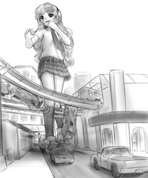 Size: 1103x1328 | Tagged: safe, artist:alloyrabbit, sweetie belle, human, bus, car, city, destruction, giantess, grayscale, humanized, macro, monochrome, solo, train, wavy mouth, worried