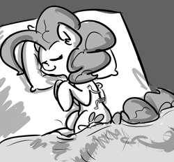 Size: 1923x1787 | Tagged: safe, artist:nobody, pinkie pie, oc, oc:anon, human, pony, cuddling, giant pony, macro, monochrome, sketch, sleeping, snuggling