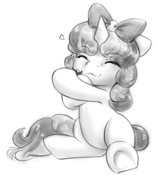 Size: 880x979 | Tagged: safe, artist:alloyrabbit, sweetie belle, oc, oc:anon, human, pony, bow, crushing, cute, diasweetes, elmyra, eyes closed, giant pony, holding a human, hug, macro, monochrome, non-consensual cuddling, parody, sitting, squeezing