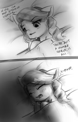 Size: 695x1088 | Tagged: safe, artist:alloyrabbit, diamond tiara, oc, oc:anon, bed, cuddling, cute, diamondbetes, eyes closed, fangs, floppy ears, hug, lightning, macro, on side, open mouth, scared, snuggling, thunderstorm