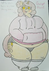 Size: 2800x4014 | Tagged: safe, artist:dorky-oreo-pone, oc, oc only, oc:gadget flare, anthro, plantigrade anthro, anthro oc, belly, belly button, big belly, big breasts, blushing, breasts, clothes, dialogue, fat, female, glasses, hoodie, shorts, socks, solo, thunder thighs, traditional art, wide hips