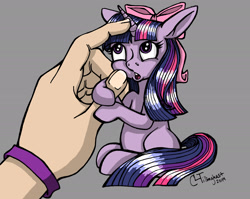 Size: 2648x2104 | Tagged: safe, artist:crystal-leviathan, twilight sparkle, human, cute, disembodied hand, hair bow, hand, looking up, micro, open mouth, sitting, tiny ponies, twiabetes