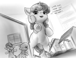 Size: 1297x992 | Tagged: safe, artist:alloyrabbit, diamond tiara, silver spoon, sweetie belle, city, destruction, hiding, macro, nightmare fuel, scared, size difference