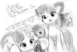 Size: 992x668 | Tagged: safe, artist:alloyrabbit, apple bloom, diamond tiara, scootaloo, silver spoon, sweetie belle, oc, oc:anon, pony, cute, macro, size difference