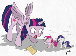 Size: 3095x2268 | Tagged: safe, artist:pxtt, pinkie pie, rarity, twilight sparkle, twilight sparkle (alicorn), alicorn, earth pony, pony, unicorn, annoyed, fail, female, mare, micro, scroll, shocked, shrunk, spell, spread wings, tiny ponies, traditional art