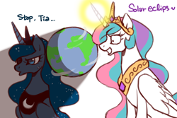 Size: 600x400 | Tagged: safe, artist:bartolomeus_, princess celestia, princess luna, alicorn, pony, alicorn eclipse, catasterism, cute, earth, eclipse, female, frown, glare, grin, light, lunar eclipse, macro, magic, mare, pony bigger than a planet, pouting, shadow, sillestia, silly, simple background, smiling, solar eclipse, sun, sweatdrop, tangible heavenly object, teasing, trollestia, unamused, white background, wide eyes