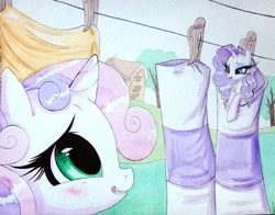 Size: 1147x901 | Tagged: safe, artist:prettypinkpony, rarity, sweetie belle, pony, unicorn, blushing, clothes, clothes line, micro, rarity is not amused, sheepish grin, shrunk, sisters, socks, traditional art, watercolor painting, wet, wet mane, wet mane rarity