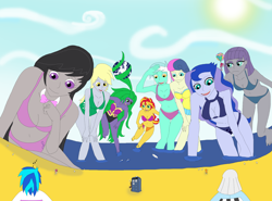 Size: 3108x2297 | Tagged: safe, artist:final7darkness, bon bon, derpy hooves, dj pon-3, doctor whooves, lyra heartstrings, mane-iac, maud pie, octavia melody, photo finish, pinkie pie, princess luna, sunset shimmer, sweetie drops, vice principal luna, vinyl scratch, equestria girls, beach, belly button, big bon, bikini, clothes, electro orb, equestria girls-ified, giantess, macro, request, requested art, swimsuit, tardis