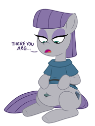 Size: 600x800 | Tagged: safe, artist:scobionicle99, boulder (pet), maud pie, earth pony, pony, belly, belly button, big belly, chubby, clothes, dialogue, explicit source, fat, female, hoof on belly, looking down, maud pudge, navel insertion, navel play, simple background, sitting, solo, white background