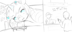 Size: 1500x677 | Tagged: safe, artist:alloyrabbit, oc, oc only, oc:orchid, human, kaiju, kaiju pony, pony, comic, desk, giant pony, macro, sketch, tongue out