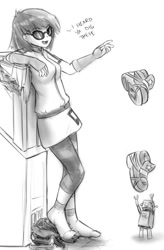 Size: 792x1209 | Tagged: safe, artist:alloyrabbit, dj pon-3, vinyl scratch, robot, equestria girls, building, car, clothes, destruction, feet, foot fetish, giantess, macro, monochrome, shoes, sneakers, sneakers fetish