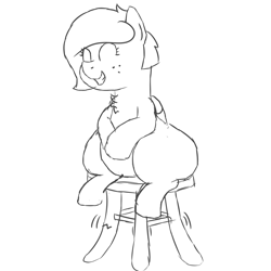 Size: 2816x2816 | Tagged: safe, artist:worstsousaphonehorse, oc, oc only, pegasus, pony, alternate hairstyle, chest fluff, chubby, eyes closed, fat, female, freckles, furniture abuse, high res, lineart, missing cutie mark, property damage, simple background, sitting, sketch, smiling, solo, stool, white background, wide hips