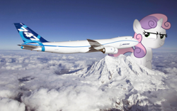 Size: 2560x1600 | Tagged: safe, artist:somerandomminion, artist:yetioner, sweetie belle, pony, boeing 747, evil grin, giant pony, giantess, highrise ponies, irl, jumbo jet, macro, mega sweetie belle, mount everest, mountain, photo, photoshop, plane, ponies in real life, solo