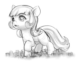 Size: 639x527 | Tagged: safe, artist:alloyrabbit, oc, oc only, oc:snowdrop, pegasus, pony, city, cityscape, destruction, giant pony, macro, monochrome, open mouth, sketch, solo