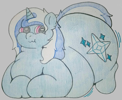 Size: 3577x2936 | Tagged: safe, artist:dorky-oreo-pone, oc, oc only, oc:aura flare, pony, unicorn, belly, big belly, chubby, chubby cheeks, embarrassed, fat, fetish, jiggle, male, simple background, solo, squishy, traditional art, wavy mouth