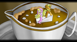 Size: 2034x1108 | Tagged: safe, artist:papaudopoulos69, applejack, fluttershy, earth pony, pegasus, pony, coffee, micro