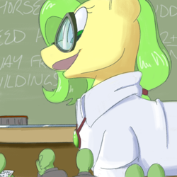 Size: 700x700 | Tagged: safe, artist:goat train, oc, oc only, oc:anon, oc:sequoia, human, chalkboard, classroom, clothes, glasses, looking down, macro, open mouth, passing notes, teacher