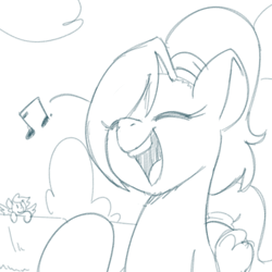 Size: 700x700 | Tagged: safe, artist:goat train, oc, oc only, oc:cumulonimbus, pony, eyes closed, giant pony, macro, monochrome, open mouth, singing, sketch