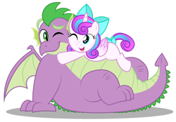 Size: 1600x1112 | Tagged: safe, artist:aleximusprime, princess flurry heart, spike, alicorn, dragon, pony, flurry heart's story, adult, adult spike, bow, chubby, cute, dawwww, fat, fat spike, female, filly, filly flurry heart, glomp, hug, older, older spike, plump, simple background, tackle hug, transparent background, uncle spike, vector, winged spike