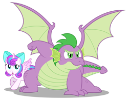 Size: 1600x1250 | Tagged: safe, artist:aleximusprime, princess flurry heart, spike, alicorn, dragon, pony, flurry heart's story, bow, chubby, cute, fat, fat spike, female, filly, older, older flurry heart, older spike, plump, protecting, simple background, superhero landing, transparent background, vector, winged spike