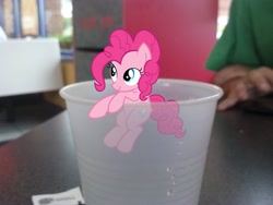 Size: 2592x1944 | Tagged: safe, artist:reginault, artist:tokkazutara1164, pinkie pie, human, pony, burger king, cup, cup of pony, irl, micro, packet, pepper, photo, ponies in real life, restaurant, solo, table, vector, water