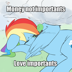 Size: 1280x1280 | Tagged: safe, artist:askcanadash, rainbow dash, oc, oc:anon, human, pony, boop, caption, cute, dashabetes, engrish, eyes closed, floppy ears, giant pony, hug, human on pony snuggling, image macro, macro, meme, money not importants, on side, smiling, snuggling, winghug