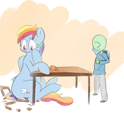 Size: 1500x1500 | Tagged: safe, artist:askcanadash, rainbow dash, oc, oc:anon, human, pony, blushing, broken, carrot, chair, chubby, embarrassed, giant pony, macro, scrunchy face, sitting