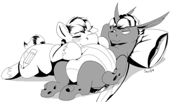 Size: 2094x1246 | Tagged: safe, artist:swiftsketchpone, oc, oc only, oc:eco stigma, oc:swift sketch, changeling, earth pony, pony, belly, black and white, changeling oc, chubby, chunkling, duo, duo male, fat, gay, grayscale, male, monochrome, oc x oc, plump, shipping