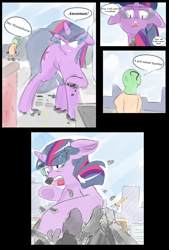 Size: 2160x3200 | Tagged: safe, artist:askcanadash, twilight sparkle, oc, oc:anon, human, pony, building, city, comic, crushing, dark magic, destruction, giant pony, gritted teeth, macro, magic, parody, scene parody, sombra eyes, spider-man, the amazing spider-man, the amazing spider-man 2, the amazing spiderman