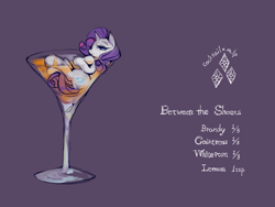 Size: 1000x750 | Tagged: safe, artist:wan, rarity, pony, unicorn, alcohol, cocktail, cup of pony, drink, female, mare, micro, recipe, solo