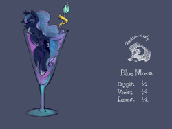 Size: 1000x750 | Tagged: safe, artist:wan, princess luna, alicorn, pony, alcohol, cocktail, crown, cup of pony, female, horseshoes, jewelry, mare, micro, recipe, regalia, solo