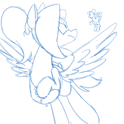 Size: 700x700 | Tagged: safe, artist:goat train, oc, oc only, oc:cumulonimbus, pegasus, pony, flying, food, frown, giant pony, hoard, lineart, macro, monochrome, nose wrinkle, sketch