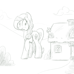 Size: 2000x2000 | Tagged: safe, artist:mrrowboat, oc, oc only, oc:sequoia, earth pony, pony, braid, cottage, female, lineart, macro, mare, monochrome, raised hoof, surprised